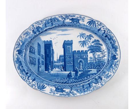 A Spode Staffordshire blue and white oval meat platter, Caramanian Series, Castle of Boudron in the Gulf of Stancio, circa 18