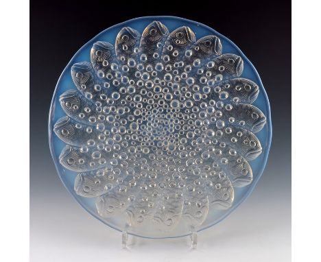 Rene Lalique, a Roscoff glass charger/bowl, model 10-383, designed circa 1932, blue opalescent with bubbles and fish, engrave