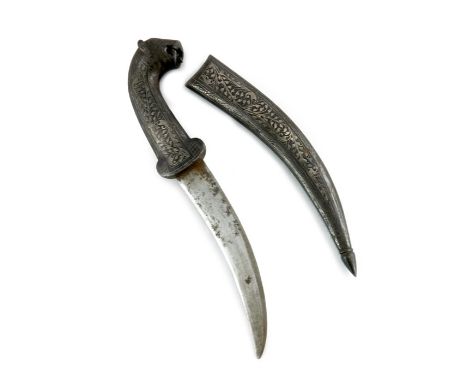 An Indian Damascus steel and Koftgari inlay Khanjar dagger, the hilt in the form of a tiger's head, 23cm long