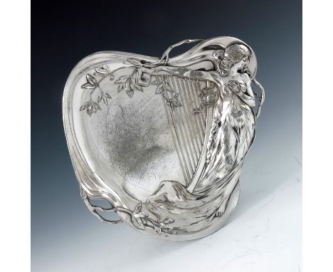 WMF, a Jugendstil silver plated letter tray, model 252A, relief moulded in the Art Nouveau style with a maiden and harp benea