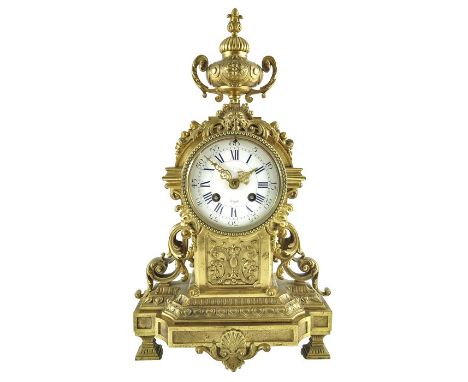 A 19th century French ormolu mantel clock, the movement marked H&amp;F Paris, 4 inch white enamelled dial with Roman numerals