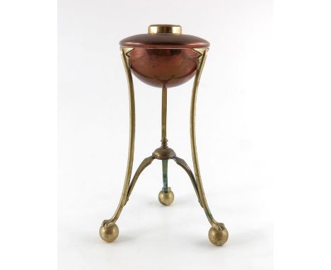 W A S Benson, an Arts and Crafts copper and brass oil lamp base, variation of model 45, circa 1890, the hemispherical acorn r