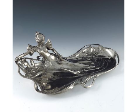 WMF, a ugendstil silver plated figural dish, in the Art Nouveau style, modelled as a reclining woman with letter, with sinuou