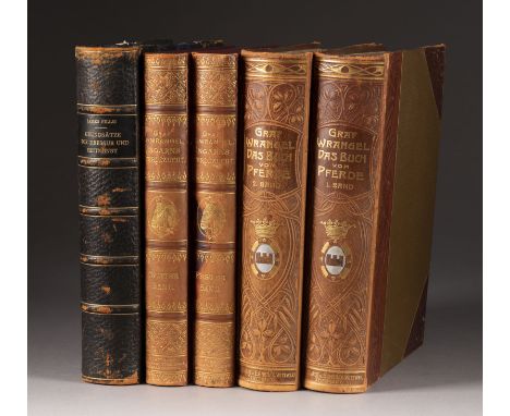 SAMMLUNG AUS FÜNF BÜCHERN ZUM REITSPORT UND ZUR PFERDEZUCHT Deutsch, Stuttgart 1893-1905 Ingesamt 5 Bände, part. mit geprägte