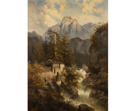 JOSEF THOMA 1828 Vienna - 1899 ibid. Mountainous landscape with a waterfall and a mill Oil on canvas. 125 x 91 cm (F. 137 x 1