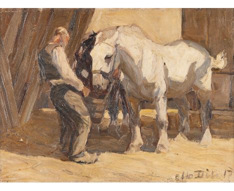 OTTO DILL 1884 Neustadt - 1957 Bad Duerkheim Farmer and horses in a stable (1917) Oil on cardboard. 50 x 68 cm (F. 63 x 80 cm