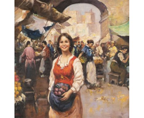 GIACOMO PITTO 1872 - ? At the summer market Oil on canvas (maroufl.). 37,5 x 37 cm (F. 51 x 51 cm). Signed lower left 'Pitto'