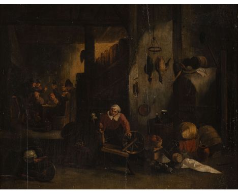 FLEMISH SCHOOL OF THE 18TH CENTURY PEASANT INTERIOR WITH A WOMAN AT A SPINNING WHEEL AND DRINKING FARMERS IN THE BACKGROUND O