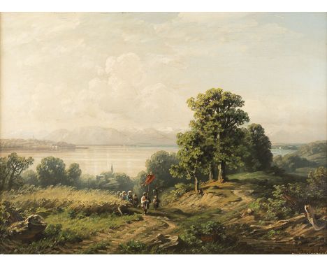 AUGUST SEIDEL 1820 - 1904 Religious procession at Lake Starnberg Oil on canvas. 55,5 x 75 (F. 90 x 70 cm). Signed lower right