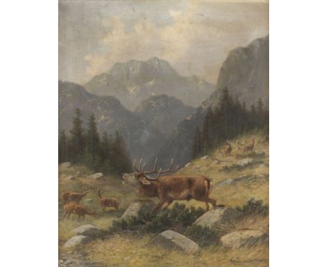 MORITZ MUELLER 1841 - 1899 Mountainous landscape with a deer and hinds (1897) Oil on canvas. 53 x 43 cm (F. 60 x 50 cm). Sign