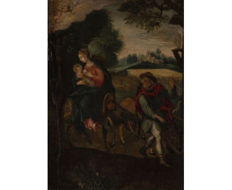 WORKSHOP OR SCHOOL OF MARTEN DE VOS 1532 Antwerp - 4 December 1603 Ibid FLIGHT TO EGYPT Oil on oak panel. 46 x 34 (F. 54,5 x 