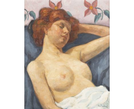 VICTOR BELANYI 1877 - 1955 Female Half Nude Oil on canvas. 62 x 49 cm (F. 78 x 65 cm). Signed lower right. Part. damaged. Fra