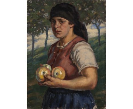 ANTON BISCHOF 1877 - 1962 Portrait of a Peasant Woman with Apples in an Orchard Oil on canvas. 61 x 44 cm. Signed lower left 