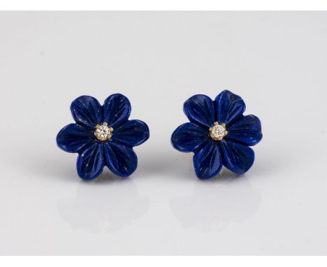 PAAR LAPISLAZULI-OHRSTECKER MIT BRILLANTEN Gelbgold. D. ca. 1,5 cm, Ges.-Gew. ca. 3,0 g. Gest. 18 K. Paar Ohrstecker mit gesc