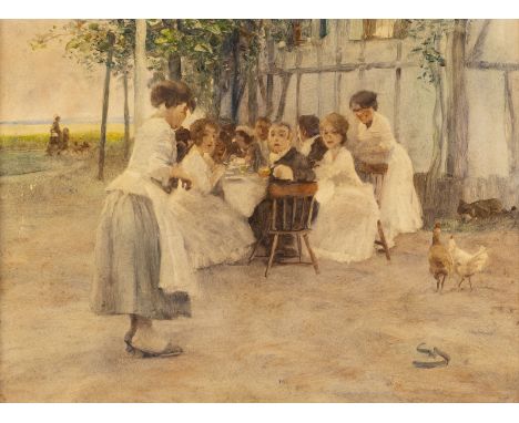 WILHELM SCHREUER 1866 Wesel - 1933 Duesseldorf Celebrating society Oil on cardboard. 42 x 56 cm (F. 59 x 74 cm). Monogrammed 