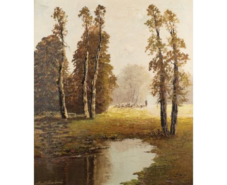 GEORG ARNOLD-GRABONÉ 1896 Munich - 1982 Starnberg At the pond (1965) Oil on canvas. 81 x 71 cm (F. 101 x 92 cm). Signed lower
