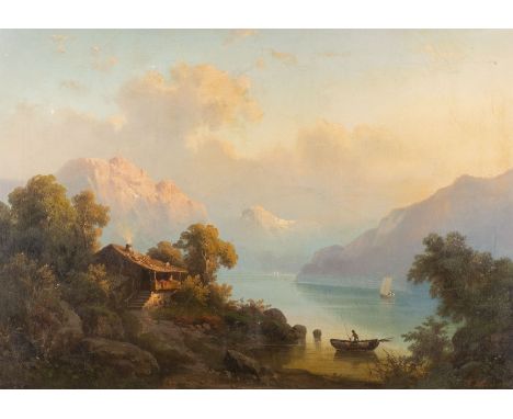 GUIDO HAMPE 1839 Berlin - 1891 ibid. Mountainous landscape with lake and farmhouse (1872) Oil on canvas (relined). 64 x 89 cm
