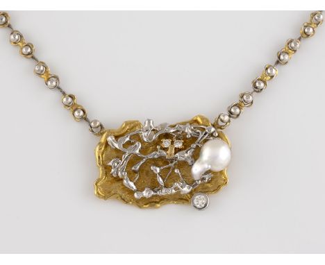 PERL-COLLIER MIT DIAMANTBESATZ Gelbgold, Weißgold. L. 46 cm, Ges.-Gew. ca. 29,4 g. Geprüft 14 K. Zwei Brillanten, zusammen ca