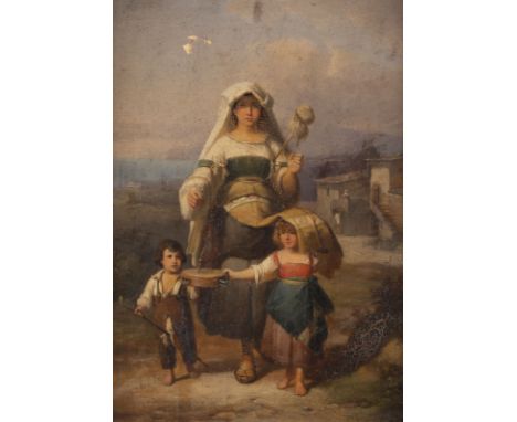 AUSTRIAN (?) Active mid-19th C. Roman woman in traditional costume with spindle and children Oil on wood. 29,5 x 21,5 cm (R. 