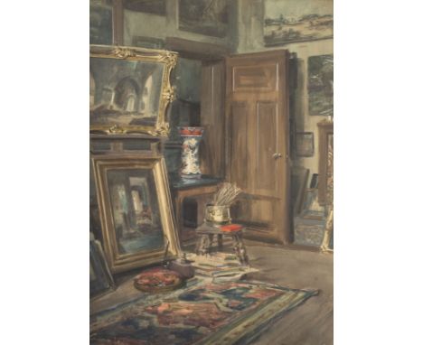 AUGUST SCHLUETER 1858 Muenster - 1928 Duesseldorf INTERIOR OF A STUDIO Watercolours, probably on paper. Visible size 56.5 x 4