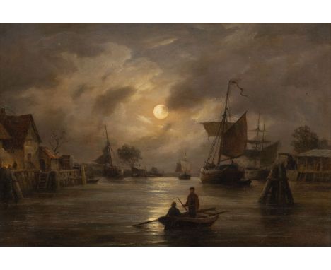 ALBERT HALLE 1844 Schoenburg - 1896 Duesseldorf Fishing village in moonlight Oil on wood. 28 x 40,5 cm (F. 47,5 x 60 cm). Sig