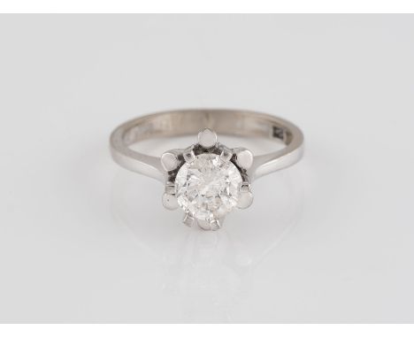 BRILANT-RING Weißgold. Ringmaß ca. 52, Ges.-Gew. ca. 4,2 g. Gest. 14 K, nummeriert. Ein Brillant, ca. 0,96 ct., etwa Crystal 