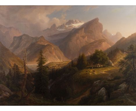 ARNOLD SCHULTEN 1809 - 1874 Romantic mountain landscape with a hunter in the foreground and a shepherdess with herds in the d
