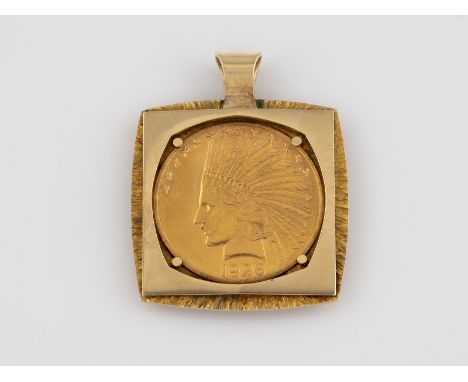 MÜNZANHÄNGER 'INDIAN HEAD' Gelbgold. L. 4,3 cm, Ges.-Gew. ca. 33,2 g. Fassung geprüft 14 K und gest. 585. Münze Ten Dollars, 