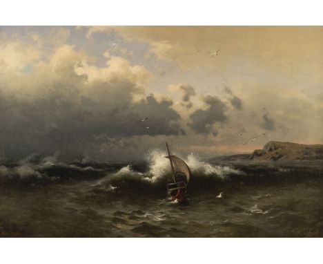 HEINRICH LUDWIG FRISCHE 1831 Altenbruch - 1901 Dusseldorf Fishing boat in a stormy sea Oil on canvas (relined). 78 x 52 cm (F