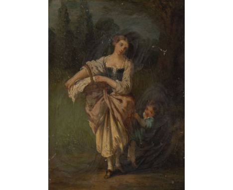 FRENCH SCHOOL OF THE 18TH CENTURY LANDSCAPE WITH MOTHER AND CHILD Oil on wood panel. 32,5 x 24 cm (F. 42,5 x 34 cm). Part. sl