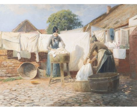 FRIEDRICH WILHELM SCHWINGE 1852 Hamburg - 1913 ibidem Laundresses Gouache on paper. Visible size 57.5 x 76.5 cm (R. 76 x 95 c