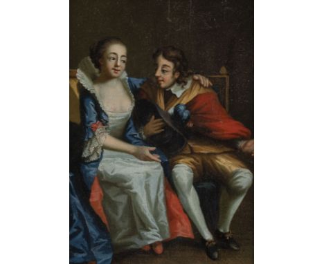 NORTHERN FRENCH-FLEMISH SCHOOL OF THE 18TH CENTURY THE GALLANT COUPLE IN LOVE Oil on oak panel. 36 x 26 cm (F. 52,5 x 43,5 cm