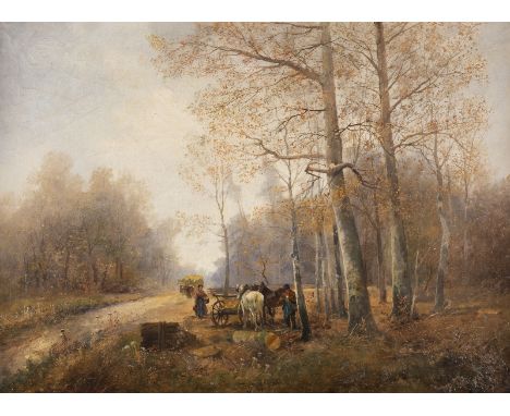 P. DUMONT 2nd h. 19th C. Lamberjacks in an autumn forest Oil on canvas. 74 x 100 (R. 109 x 135 cm). Signed lower left 'P. Dum