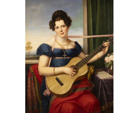 LOUISE PAULINE JULIE VOLPELIERE (ATTR.) 1785 - 1842 Young lady playing the guitar Oil on canvas. 112 x 88 cm (R. 132 x 109 cm