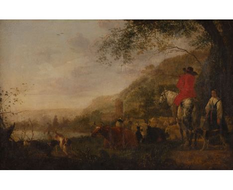 AELBERT JACOBSZ. CUYP (IN THE MANNER OF) 1620 Dordrecht - 1691 Ibid HORSEMAN AND SHEPHERD WITH GRAZING CATTLE AT A RIVERBANK 
