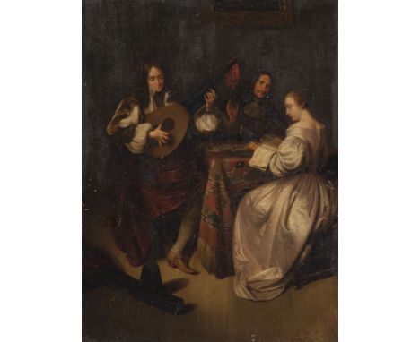 CASPAR NETSCHER (FOLLOWER) 1639 Heidelberg - 1684 The Hague A MUSIC PARTY Oil on oak panel, cradled. 35 x 27 cm (F. 55 x 47 c