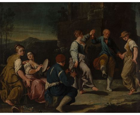 STEFANO GHERARDINI 14.08.1692 Bologna - 17.06.1756 Ibid THE LITTLE DANCE IN THE COUNTRY Oil on canvas (old relined). 50 x 63 