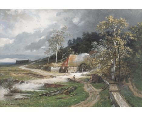 ANDREAS ACHENBACH 1815 Kassel - 1910 Duesseldorf LANDSCAPE IN TEMPEST WITH WATER MILL Gouache on paper. Visible size 34,5 x 4
