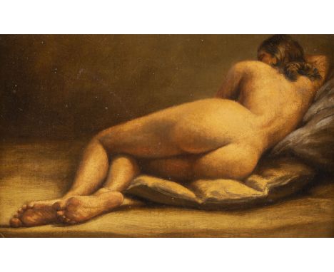 UNKNOWN PAINTER Active beginning of the 20th c. Lying nude Oil on hardboard. 20 x 32 cm (R. 35 x 47 cm). Part. min. abraded. 