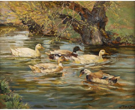 WILLY TIEDJEN 1881 - 1950 Ducks on the lake Oil on cardboard. 40 x 51 cm (F. 64 x 75 cm). Signed lower right 'W. Tiedjen'. Ma