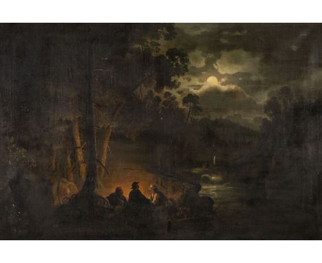 THEODOR GENENGER Active c.1850 - c.1873 Moonlight landscape with figures at a fire Oil on canvas. 66 x 96 cm (F. 91 x 122 cm)