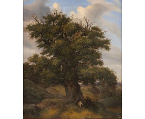 GERMAN Mid 19th century. Landscape with a hunter and his dog under an oak tree Oil on canvas. 72 x 61 cm (F. 95 x 84 cm). Ind