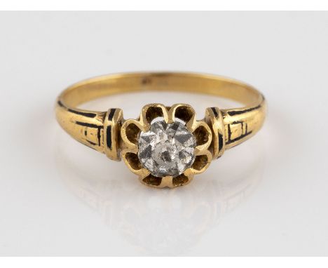 RING MIT EMAILLE Gelbgold. Ringmaß ca. 46, Ges.-Gew. ca. 1,6 g. Geprüft 14 K. Rund facettierter, weißer Similistein, Schulter