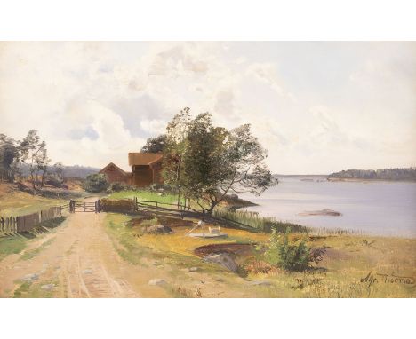 SVEN ALFRED THOERNE 1850 OEstergoetland - 1916 Stockholm Swedish farm in a summery river landscape Oil on canvas. 28 x 45 cm 