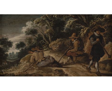 CIRCLE OF PAUL BRIL 1553/1554 Breda?/ Antwerp - 1626 Antwerp LANDSCAPE WITH RESTING HIKERS Oil on oak panel. 15 x 26,5 cm (F.