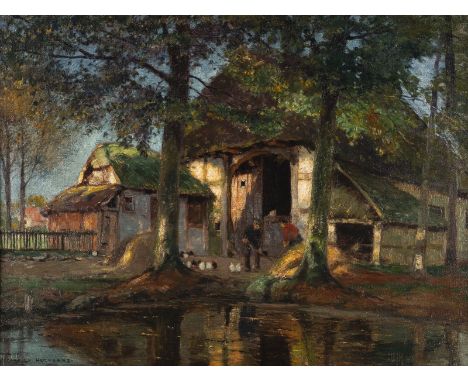 HEINRICH HERMANNS 1862 Duesseldorf - 1942 ibid. Evening at an old farm Oil on canvas. 61 x 81 cm (F. 87 x 107 cm). Signed low