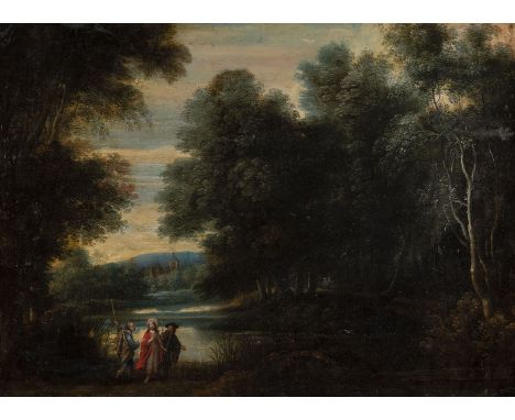 ANTWERP SCHOOL OF THE EARLY 17TH CENTURY. HIKERS ON THE RIVER IN FRONT OF AN CASTLE Oil on copper plate. 55 x 77 cm (F. 80 x 