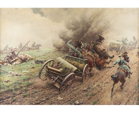 HUGO UNGEWITTER 1869 near Wiedenbrueck - 1902 Duesseldorf Feldartillerie unter Beschuss FIELD ARTILLERY UNDER ATTACK OEl auf 