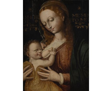 FRANCO-FLEMISH SCHOOL OF THE 16TH CENTURY. VIRGIN WITH CHILD Oil on wood panel (cradled). 42 x 30 cm (F. 70 x 60 cm). Verso: 