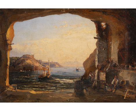 ERCOLE (ATTR.) GIGANTE 1815 - 1860 Fisherman in a grotto Oil on paper (?), on canvas. 28,5 x 40 cm (F. 38 x 50 cm). Signed an
